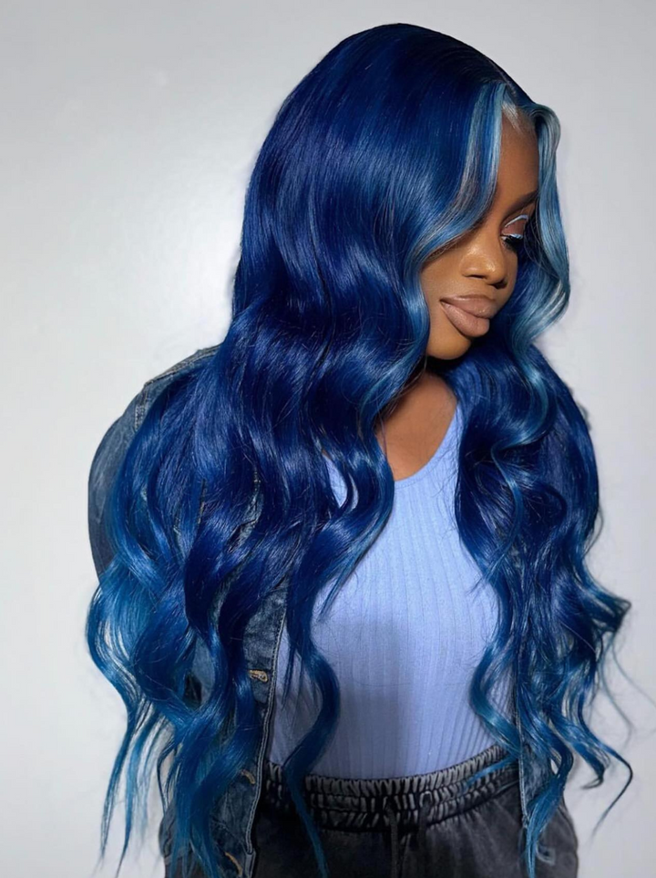 Dorsanee Skunk Stripe Light Blue Royal Blue Color 200 Density 13x4 Lace Front Body Wave Human Hair Wigs