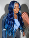 Dorsanee Skunk Stripe Light Blue Royal Blue Color 200 Density 13x4 Lace Front Body Wave Human Hair Wigs