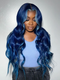 Dorsanee Skunk Stripe Light Blue Royal Blue Color 200 Density 13x4 Lace Front Body Wave Human Hair Wigs