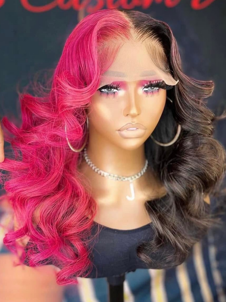 Dorsanee Split Dye Half Black Half Red 200 Density 13x4 Lace Front Human Hair Wigs