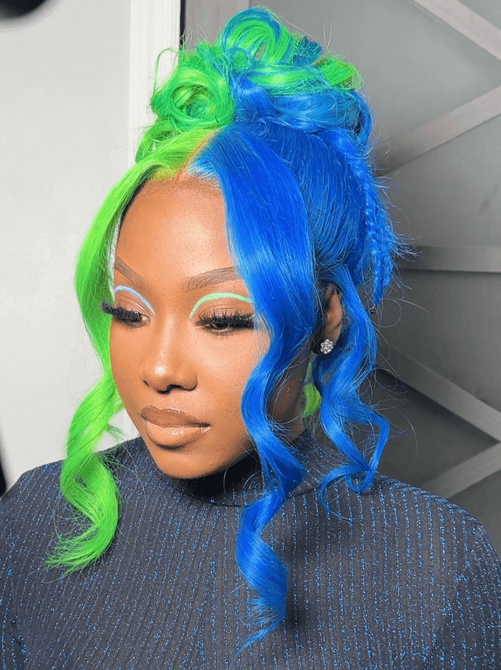 Dorsanee Split Dye Half Green Half Blue 13x4 Lace Front Virgin Human Hair Wigs