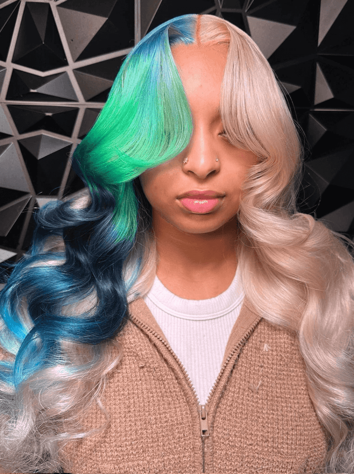 Dorsanee Split Dye Platinum Blonde Ombre Blue Green Dark Blue Human Hair Wigs