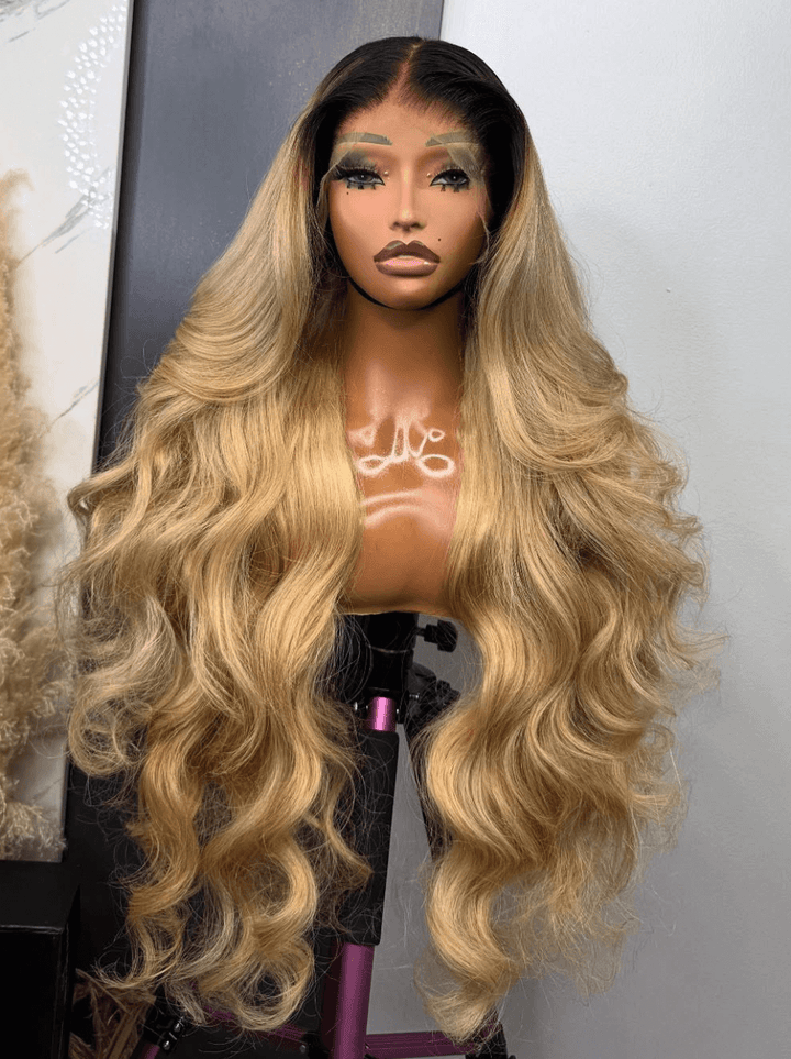 Dorsanee Strawberry Honey Blonde With Dark Roots 13x4 Lace Front Virgin Human Hair Wigs