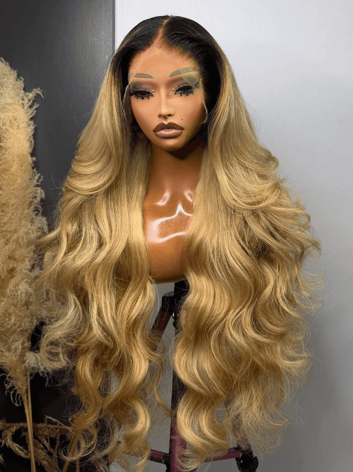 Dorsanee Strawberry Honey Blonde With Dark Roots 13x4 Lace Front Virgin Human Hair Wigs