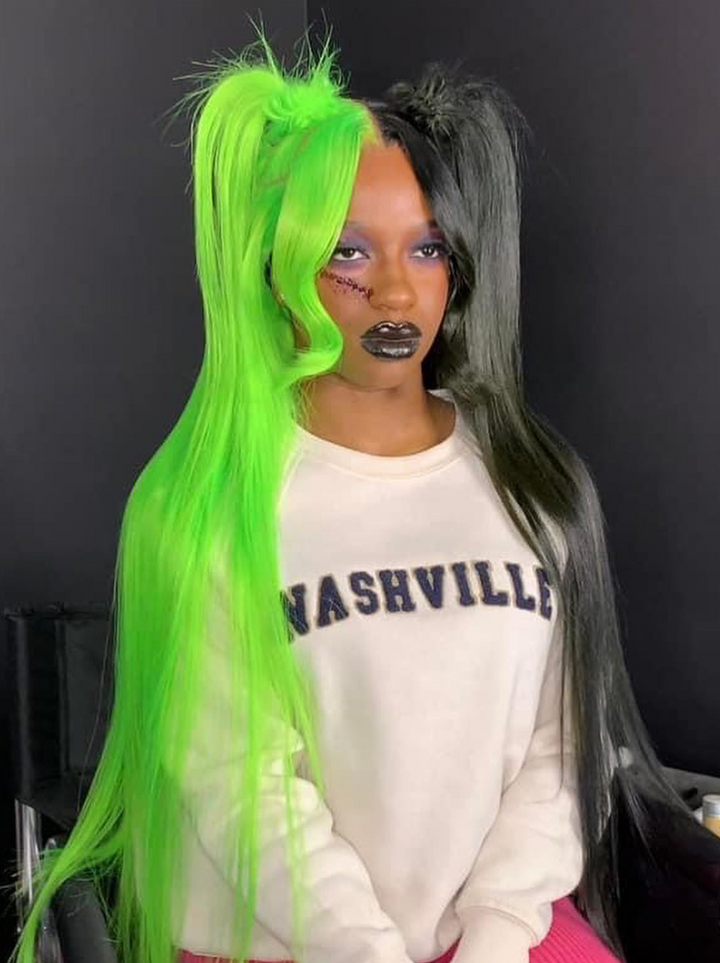 Dorsanee Half Black Half Green Half Ash Blonde Halloween 13x4 Lace Front Straight Human Hair Wigs