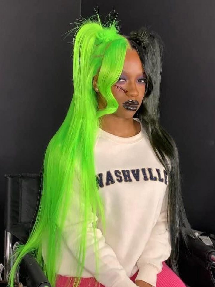 Dorsanee Half Black Half Green Half Ash Blonde Halloween 13x4 Lace Front Straight Human Hair Wigs