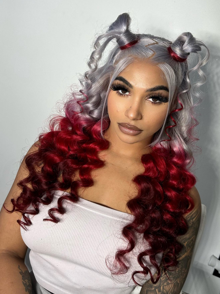 Dorsanee Reverse Ombre Grey Red Burgundy 13x4 Lace Front Wand Curls Loose Deep Wave Human Hair Wigs