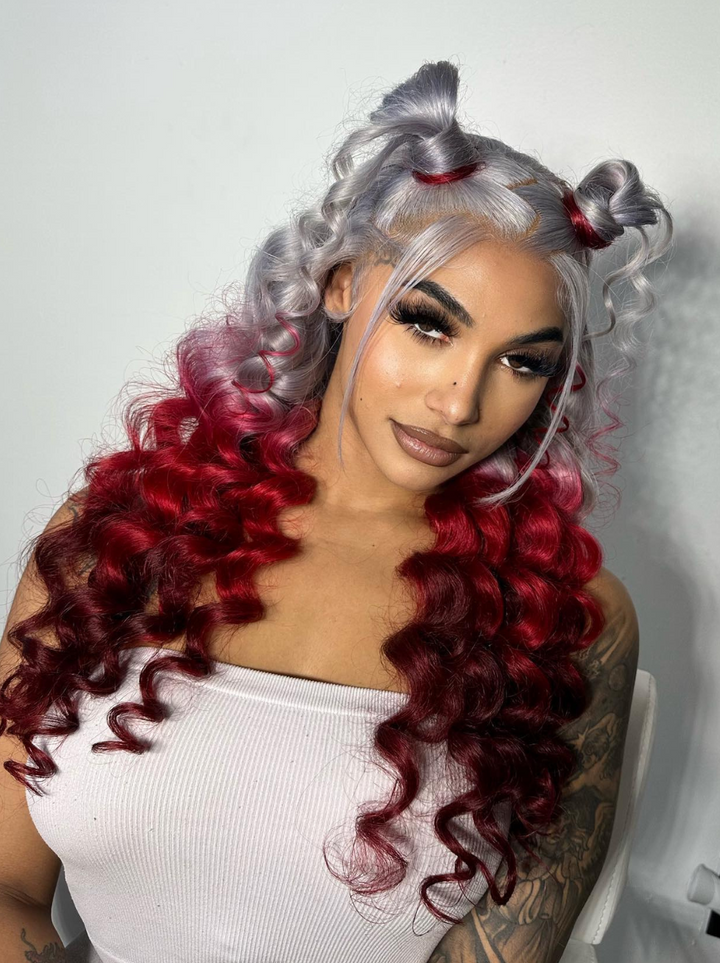 Dorsanee Reverse Ombre Grey Red Burgundy 13x4 Lace Front Wand Curls Loose Deep Wave Human Hair Wigs