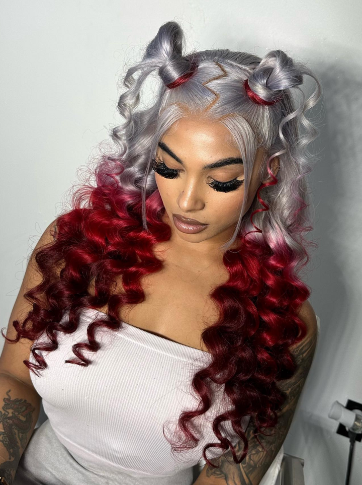 Dorsanee Reverse Ombre Grey Red Burgundy 13x4 Lace Front Wand Curls Loose Deep Wave Human Hair Wigs