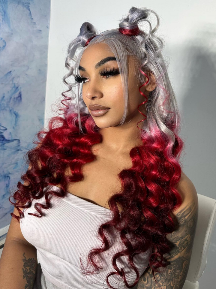 Dorsanee Reverse Ombre Grey Red Burgundy 13x4 Lace Front Wand Curls Loose Deep Wave Human Hair Wigs