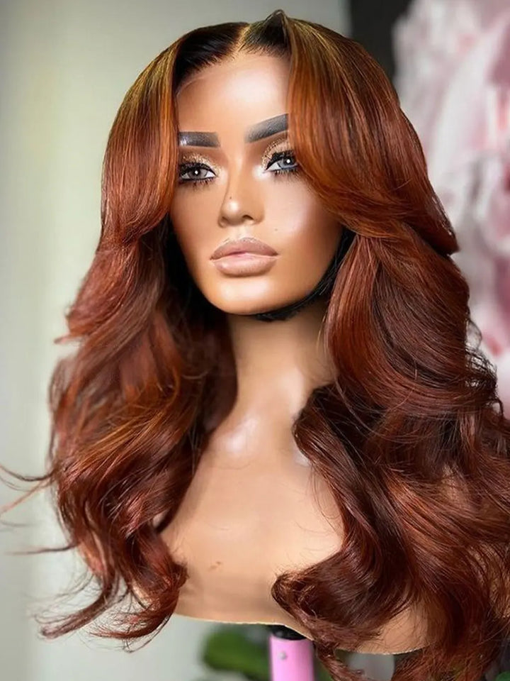Reddish Brown #33 Face-Framing Curtain Bangs Body Wave Glueless Front HD Lace Wig