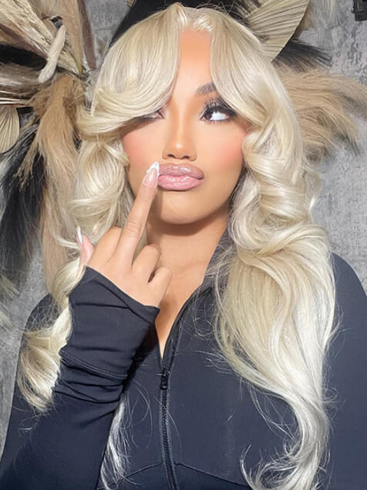 Glueless Layered Cut Curtain Bangs 613 Blonde Body Wave Frontal Lace Human Hair Wig