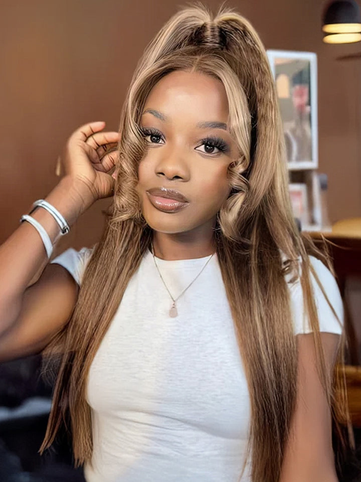 Honey Blonde Highlight 13x4 Lace Frontal Kinky Straight Human Hair Wigs Popular Style