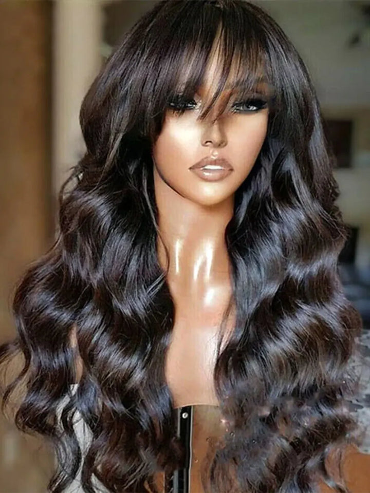 Human Hair Wig with Bangs Body Wave Glueless Curtain Bangs Wig