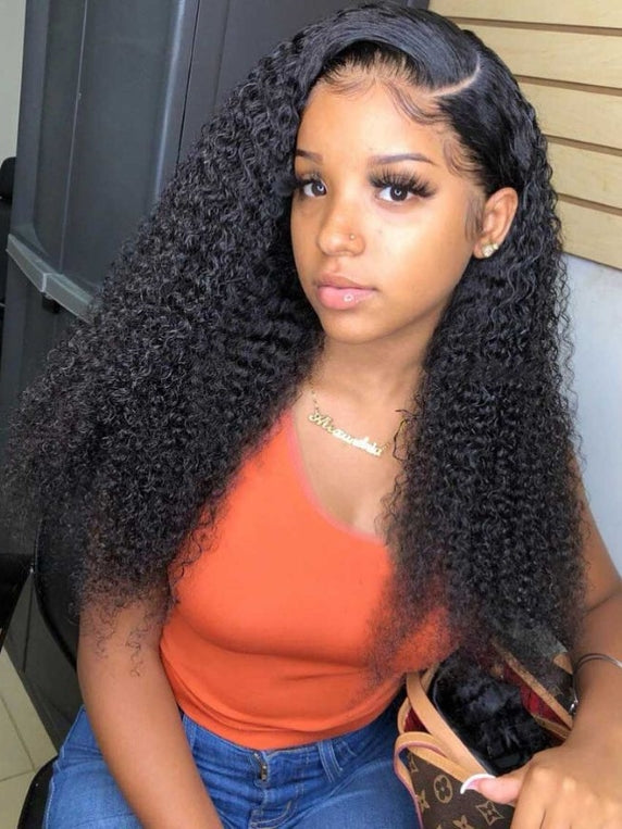 Kinky Curly 13x4 Lace Frontal Wig Virgin Hair Pre Plucked Natural Color Human Hair Wig