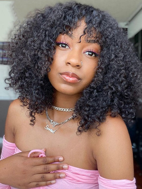 Dorsanee Kinky Curly Machine Made Human Hair Wigs With Bangs