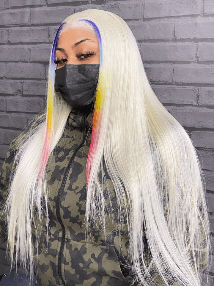 Dorsanee Ombre Blue Yellow Red Skunk Stripe 613 Blonde Straight Human Hair Wigs