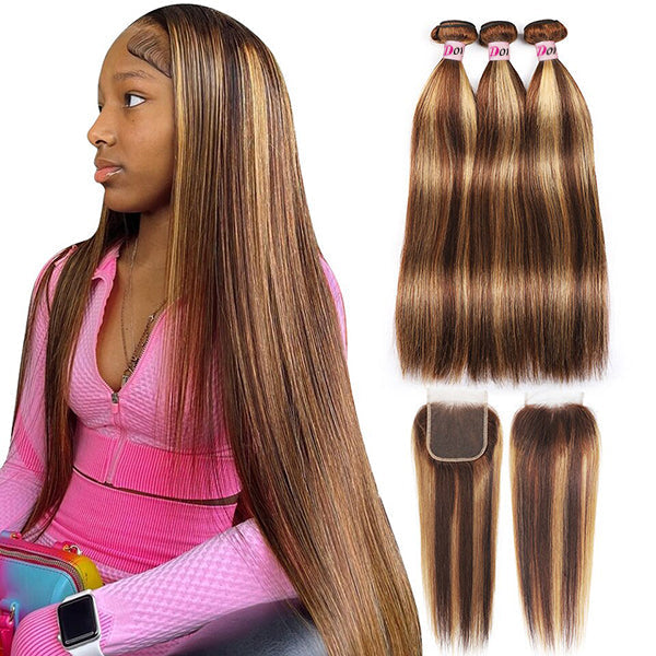 Dorsanee Hair Highlight Straight Hair Bundles with 5x5 HD Lace Closure Ombre Human Hair Bundles with Closure - Dorsanee Hair