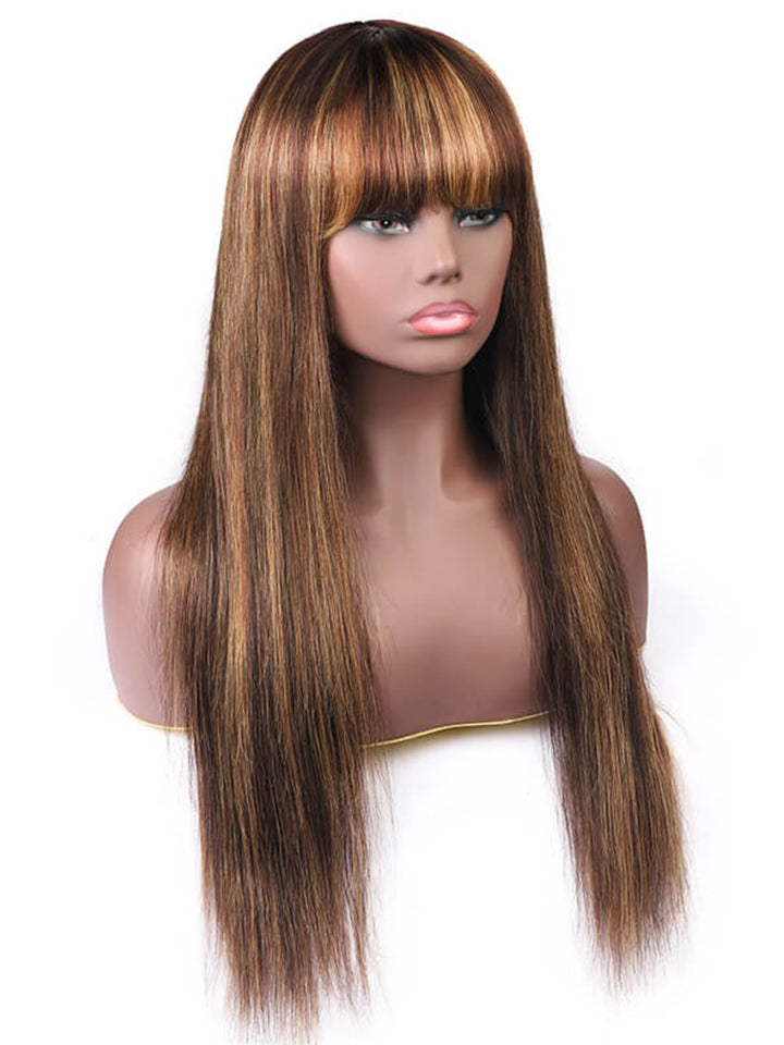 Honey Blonde Brown Highlight #P4/27 Straight Hair With Bangs Glueless Beginner Friendly Human Hair Wigs