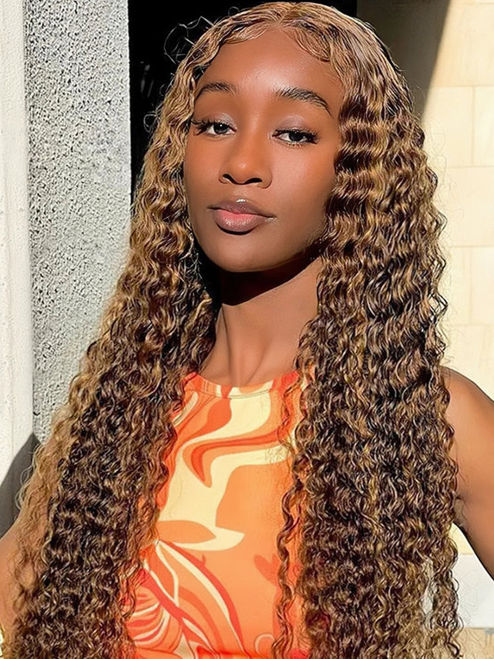 P4/27 Honey Blonde Brown Highlight Deep Wave 5x5 Lace Closure Wig 13x4 Lace Frontal Human Hair Wigs Colored Virgin Hair