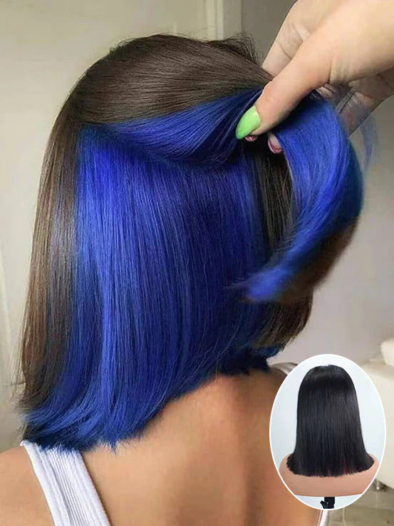 Dorsanee Peekaboo Two Tones Black with Red Blonde Green Purple Blue Pink Short Straight Hair Bob Wigs