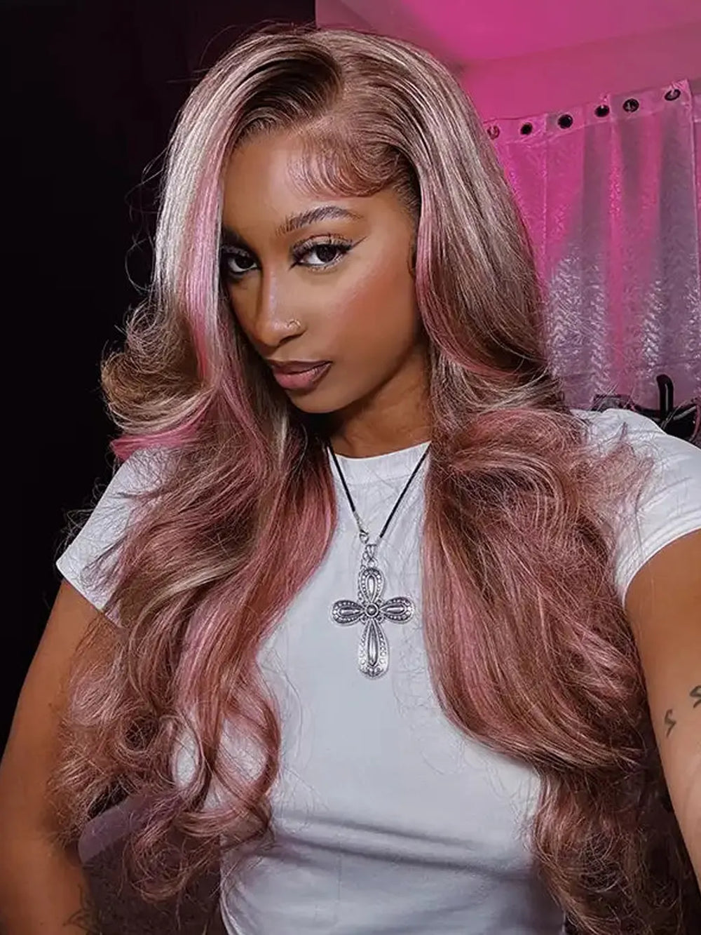 Pink_Highlight_Straight_Body_Wave_Wig_Balayage_On_Brown_Hair_Lace_Frontal_Human_Hair_Wigs