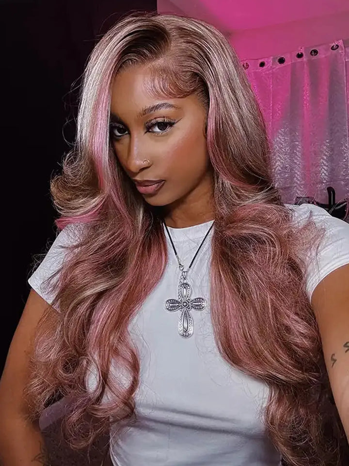 Pink_Highlight_Straight_Body_Wave_Wig_Balayage_On_Brown_Hair_Lace_Frontal_Human_Hair_Wigs