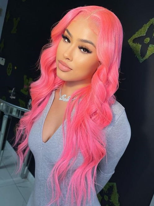 Pink Wavy Wig Human Hair Long Colored Lace Front Wigs - Dorsanee Hair