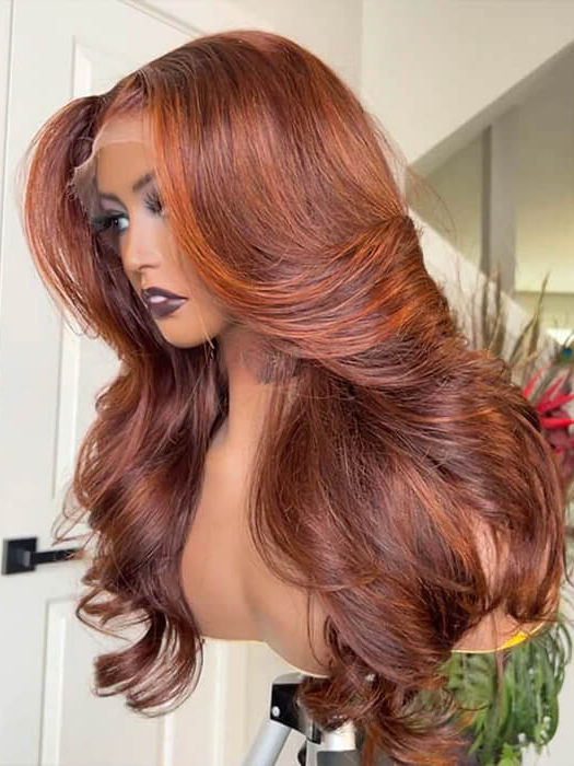 Reddish Brown #33 Curtain Bangs Body Wave Wigs 13x4 HD Lace Front Human Hair Wig