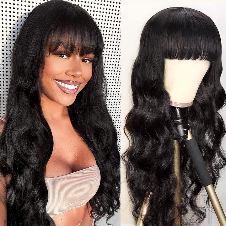 Dorsanee Natural Black Body Wave Machine Made Wig With Bangs 100% Human Hair Wig