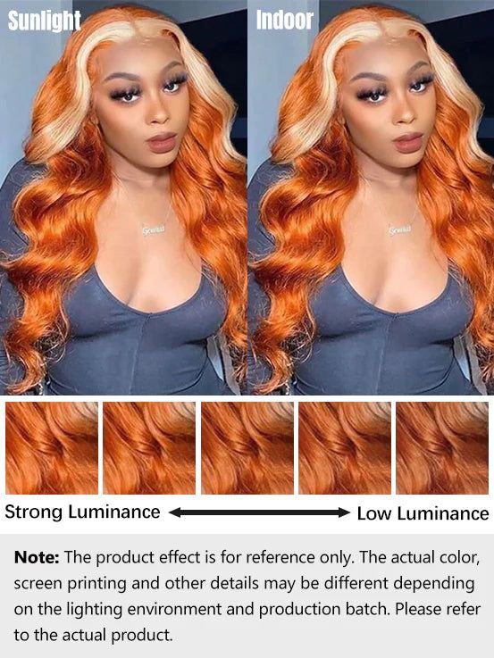 Dorsanee Ginger Orange Blonde Skunk Stripe 13x4 Body Wave HD Transparent Lace Front Human Hair Wig