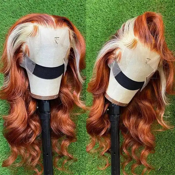 Dorsanee Hair Ginger Orange Blonde Skunk Stripe 13x4 Body Wave HD Transparent Lace Front Human Hair Wig