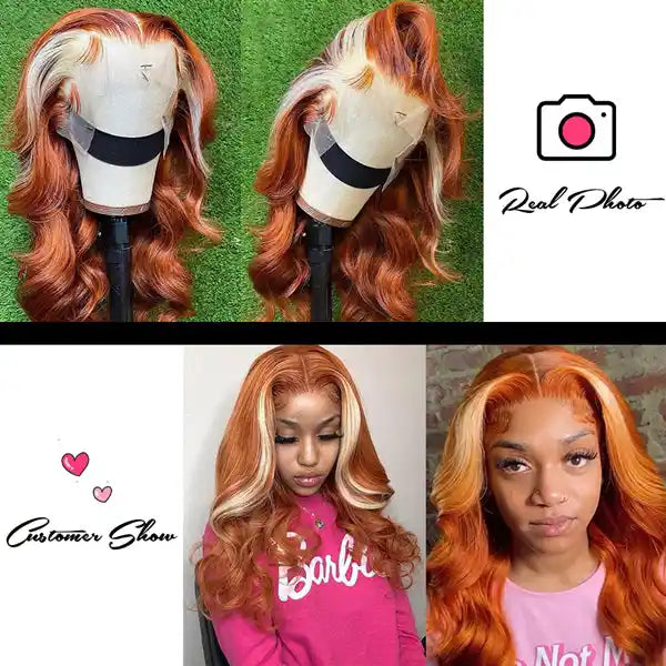 Dorsanee Hair Ginger Orange Blonde Skunk Stripe 13x4 Body Wave HD Transparent Lace Front Human Hair Wig
