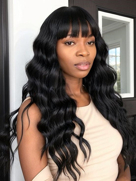 Dorsanee Natural Black Body Wave Machine Made Wig With Bangs 100% Human Hair Wig