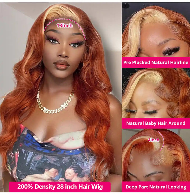 Dorsanee Ginger Orange With Blonde Skunk Stripe 13x4 Body Wave HD Transparent Lace Front Human Hair Wig - Dorsanee Hair