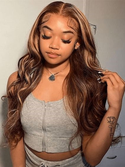 Dorsanee Wear Go Glueless Honey Blonde Brown Highlights Body Wave 6x4 Pre Cut Lace Human Hair Wigs