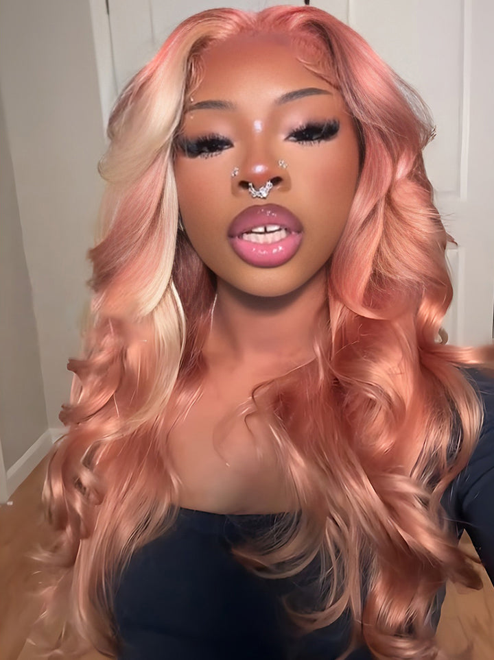 Dorsanee Highlights Blonde & Pink Skunk Stripe Colored Body Wave 13x4 Lace Frontal Wig
