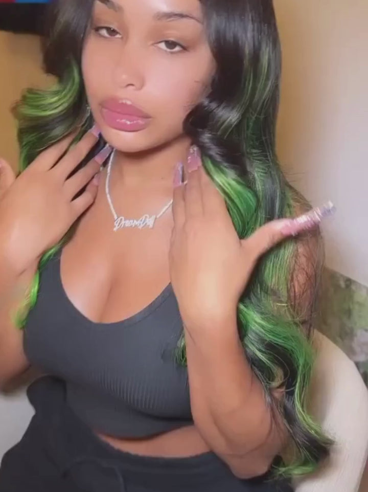 Dorsanee Black With Green Highlight Streaks 13x4 Lace Front Human Hair Wigs