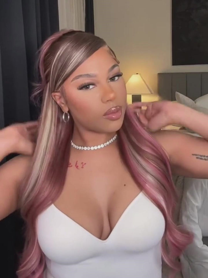 Dorsanee 200 Density Pink Blonde Brown Highlights 13x4 Lace Front Body Wave Hair Wig