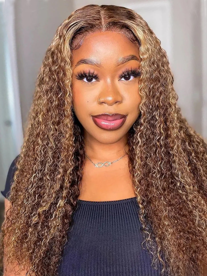 Dorsanee 250 Density Brown Highlight P4/27 Jerry Curly 13x4 HD Lace Frontal Human Hair Wigs