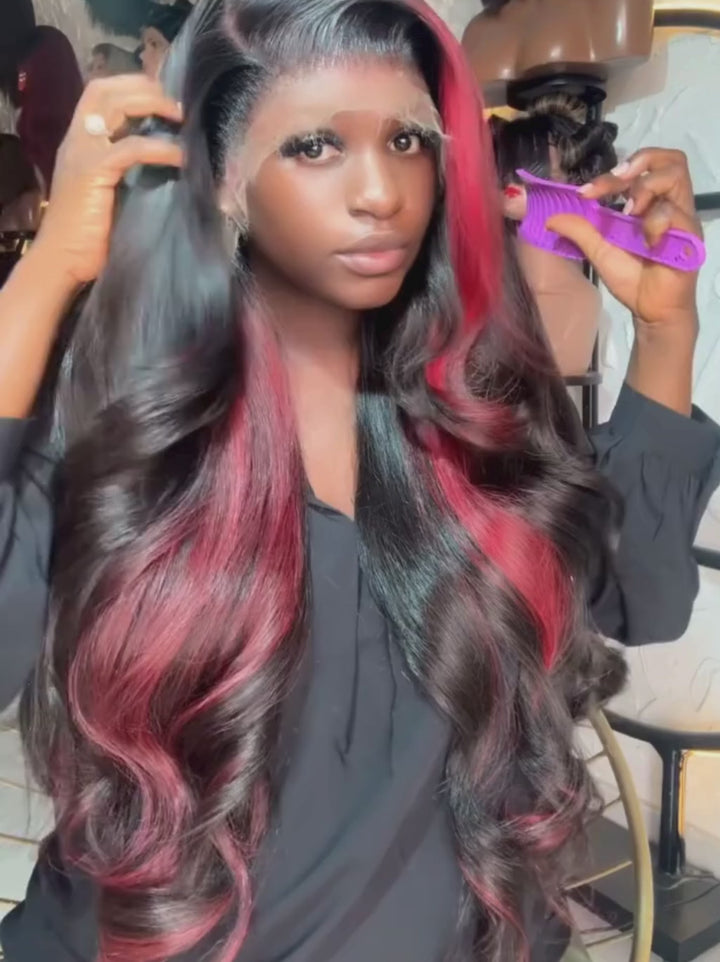 Dorsanee 30 32  inch 300 Density Black With Red Streaks Virgin Human Hair Wig