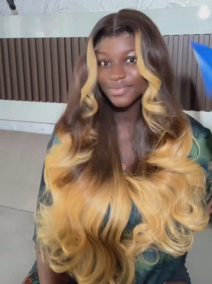 Dorsanee 250 300 Density Ombre Brown Honey Blonde Skunk Stripe Human Hair Wigs