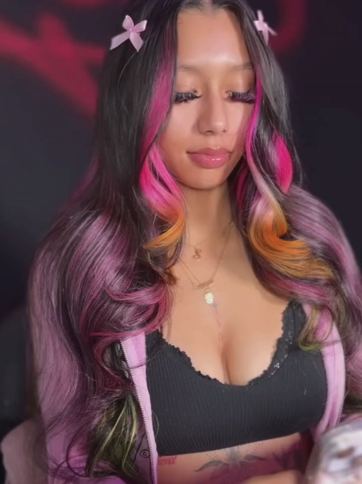 Dorsanee Ombre Black Pink Ginger Green Highlights HD Lace Front Human Hair Wigs