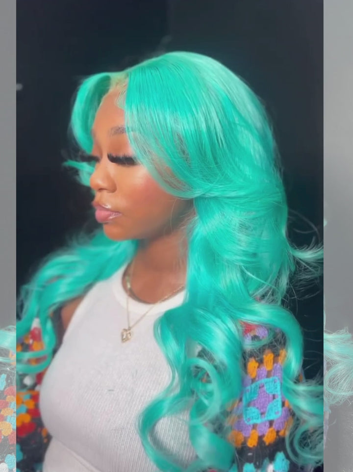 Dorsanee Pastel Green Curtain Bangs 13x4 HD Lace Front Human Hair Wigs