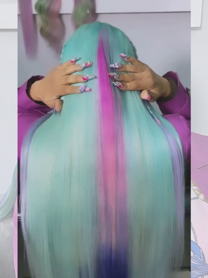 Dorsanee Pastel Green With Purple Blue Pink Streak Virgin Remy Human Hair Wigs
