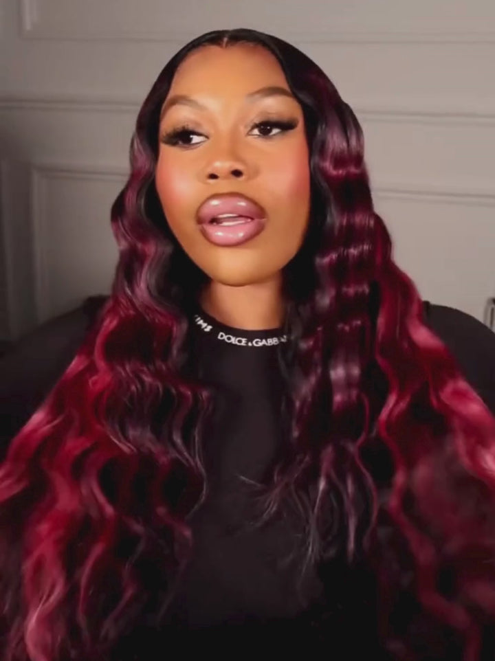 Dorsanee Black With Burgundy Red Highlight Streaks Virgin Remy Human Hair Wigs