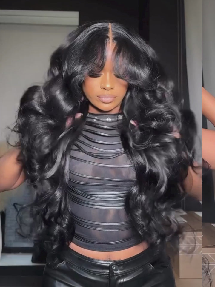 Dorsanee 300 Density Curtainn Bangs Body Wave 13x4 Lace Front Virgin Human Hair Wigs