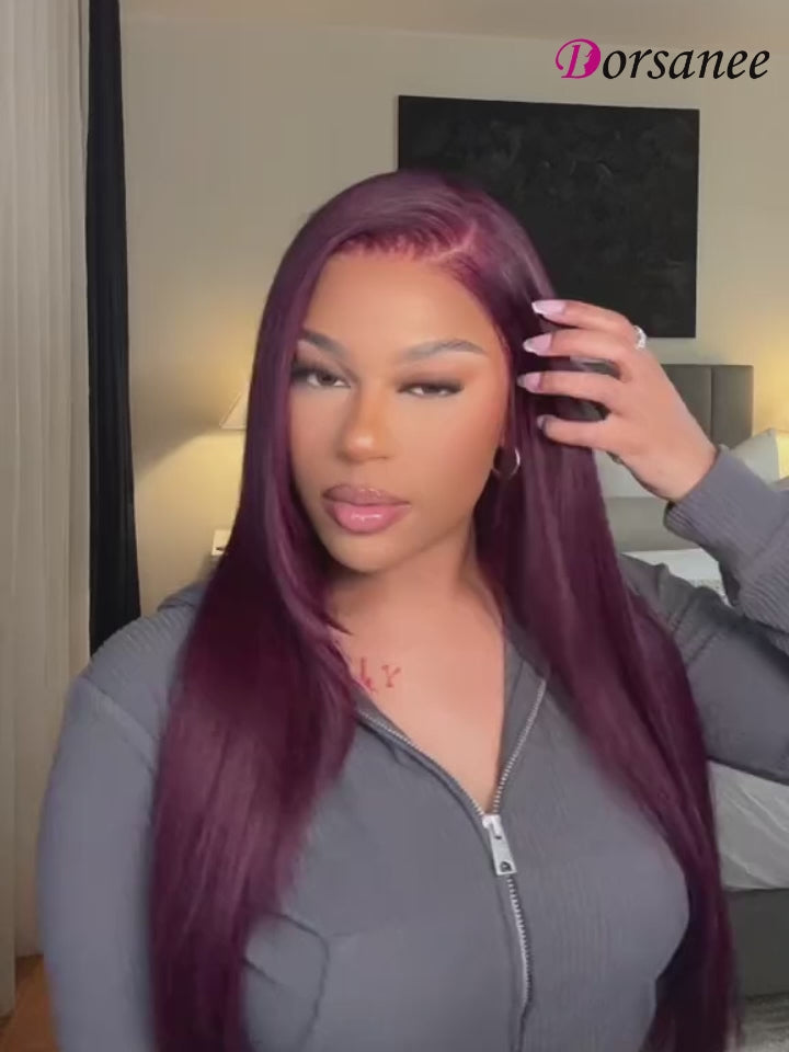 Dorsanee Dark Purple 200 Density 13x4 Transparent Lace Frontal Bone Straight Human Hair Wigs