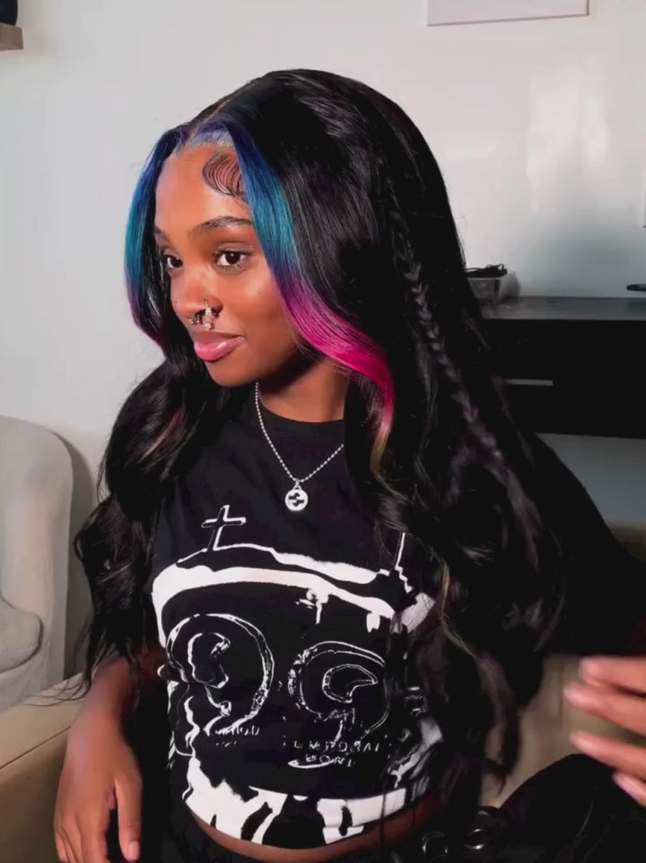 Dorsanee Ombre Blue Red Skunk Stripe Black Straight Body Wave Human Hair Wigs