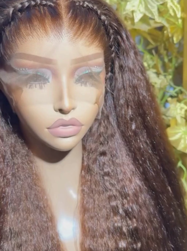 Dorsanee 250 300 Density Chocolate Brown Kinky Yaki Straight 13x4 Lace Front Human Hair Wigs